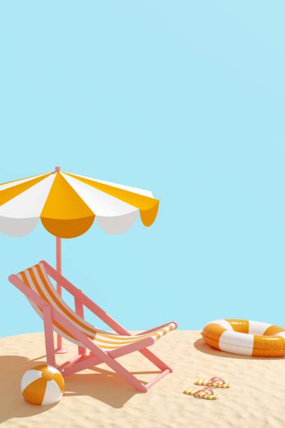 istock Summer vacation concept. Beach chair with umbrella and beach accessories for active rest on the sandy island. Tropical background for summer postcard, flyer, poster. 3D illustration, copy space. 2149075886