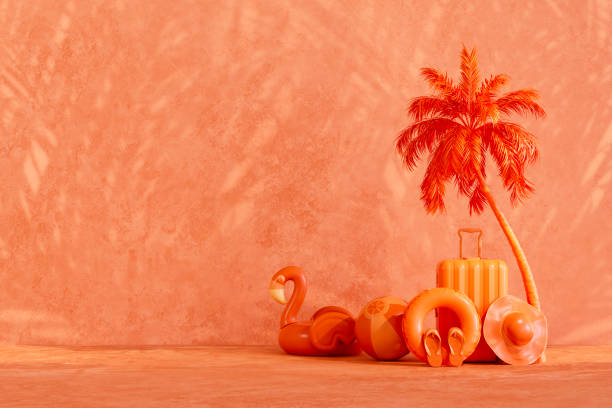istock Summer beach holiday travel background with palm tree shadows on orange color background 2149076063
