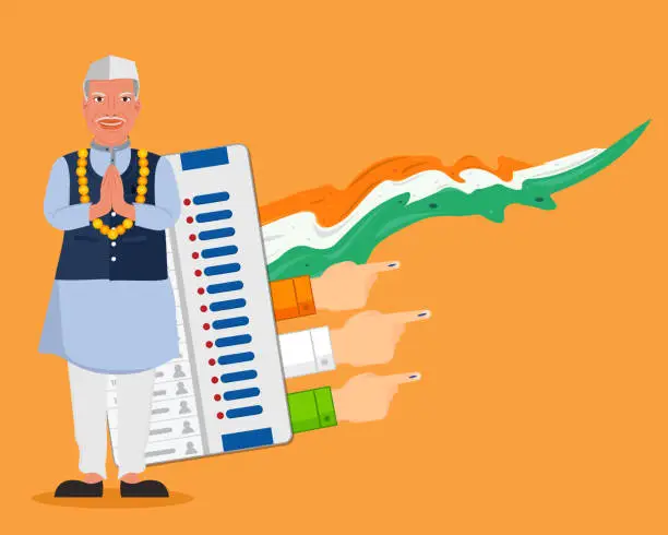 Vector illustration of Indian general election candidate request for vote and people showing voting finger with evm machine Indian flag illustration vector