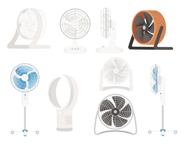 선풍기 테이블 및 바닥 버전 벡터 일러스트 레이 션의 세트, 흰색 배경에 고립 - turbine small electric motor electricity stock illustrations