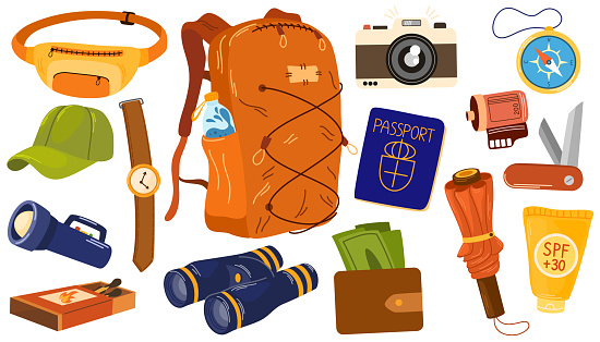 Everyday carry stuff for travel. Tourist bag and accessories set. Backpack content, essentials, things, supplies and equipment. Flat graphic vector illustration isolated on white background