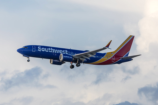Los Angeles, California, USA - April 6, 2024: A Southwest Airlines Boeing 737 Max 8 approaching Los Angeles International Airport.