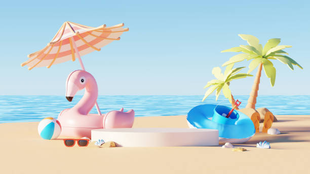 istock 3D render, minimal Summer background with empty podium or pedestal platform for showing product, cosmetic scene for mock up, beach swim elements decoration. 2149078048
