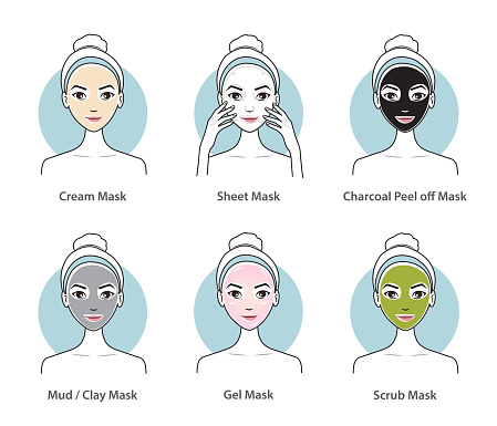 Different types of face mask vector set. Cute woman face with facial treatment mask. Cream, sheet, charcoal peel off, mud, clay, gel and scrub mask. Skin care and beauty concept illustration.