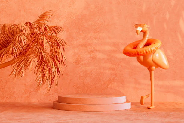 istock Summer podium showcase product presentation with inflatable flamingo and palm tree shadows on orange color background 2149078649