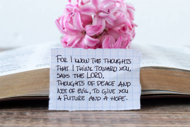 istock Inspiring handwritten quote about God's future plan, hope, and peace for Christians with open holy bible book and pink flower 2149079180