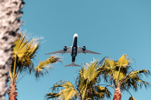 Los Angeles, California, USA - April 7, 2024: A Delta Airlines Airbus A350-900 departing Los Angeles International Airport with some palm trees in the foreground.