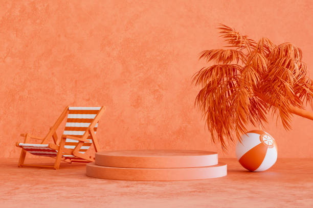 istock Summer podium showcase product presentation with palm tree shadows on orange color background 2149079325
