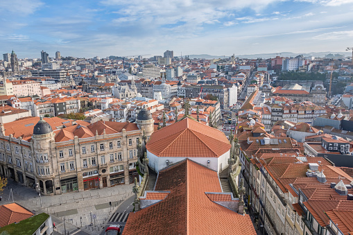 Panorama of the beautiful city of Porto, Portugal travel and monuments. Aerial view of the old town of Porto, Portugal from the tower of the Church of the Clerigos. Beside the Douro river.