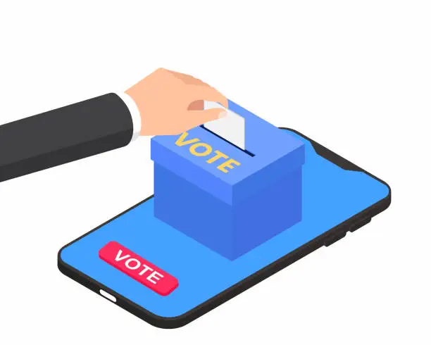 Vector illustration of Hand putting vote in the ballot box online election isometric phone design Election and democracy.