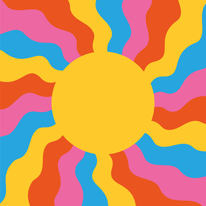 Retro banner with sun and rays in style of 70s. Sunburst, sunrise summer background. Sunbeam illustration, starburst geometric pattern. Stock illustration