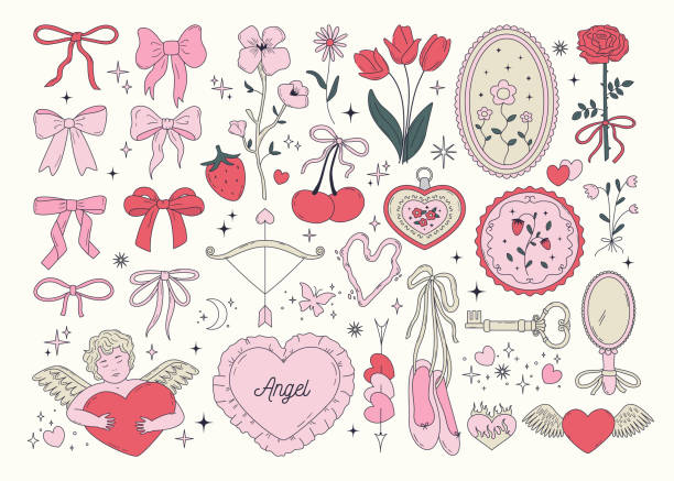 ilustrações de stock, clip art, desenhos animados e ícones de set of cute coquette bows, ribbons, patches, flowers, cherry, hearts, angels. elegant vintage cliparts in pastel pink color. hand drawn line art girly decor. vector illustrations - engate