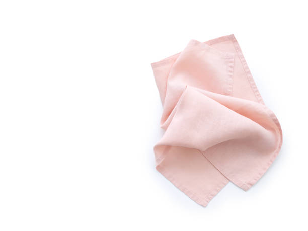 istock Flat lay with pink linen kitchen napkin isolated on white background. Folded cloth for mockup 2149081401