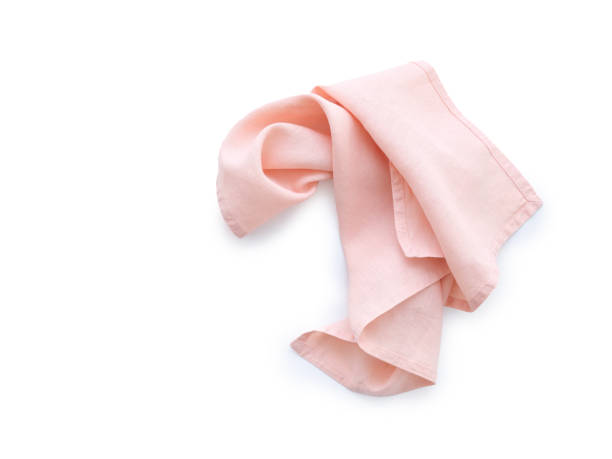 istock Flat lay with pink linen kitchen napkin isolated on white background. Folded cloth for mockup 2149081408