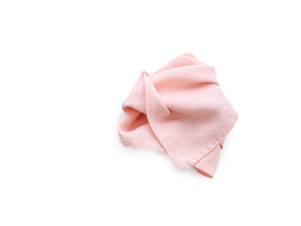 istock Flat lay with pink linen kitchen napkin isolated on white background. Folded cloth for mockup 2149081417