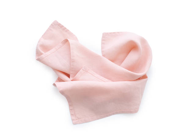istock Flat lay with pink linen kitchen napkin isolated on white background. Folded cloth for mockup 2149081425