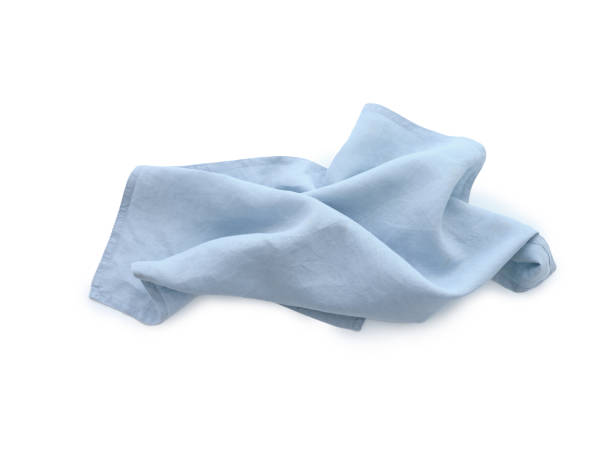 istock Flat lay with blue linen kitchen napkin isolated on white background. Folded cloth for mockup 2149081431