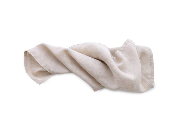 istock Flat lay with beige linen kitchen napkin isolated on white background. Folded cloth for mockup 2149081448
