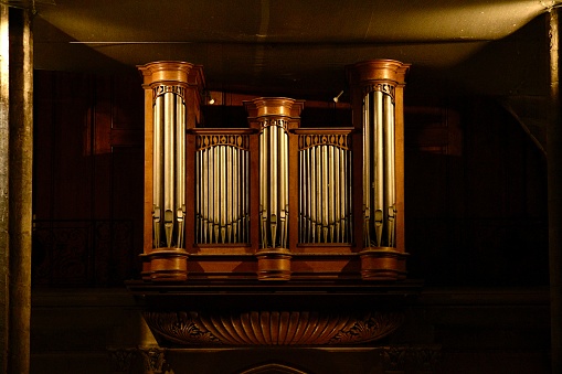 Rockville, Indiana, USA - October 29, 2023: Musical organ in the Tuberculosis Hospital (1908) of the Indiana State Sanatorium