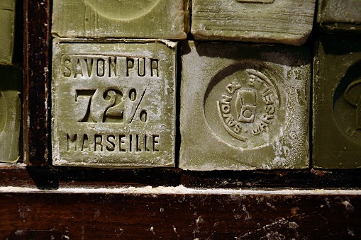 Handmade marseille soap  made from 72% pure olive oil displayed for sale