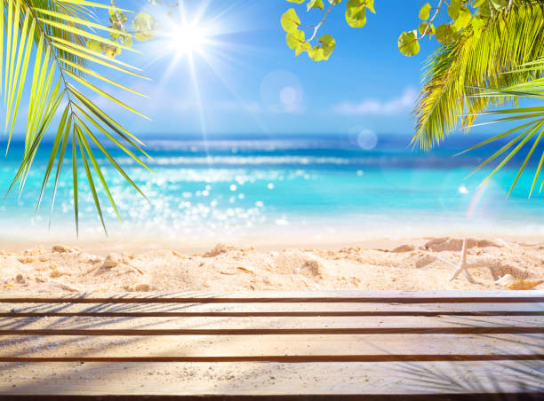 istock Beach Table - Sand And Palm Leaves In Sunny  Seascape 2149084282