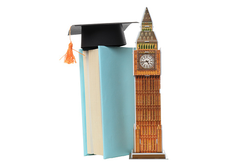 PNG,Books with toy BIG Ben, isolated on white background