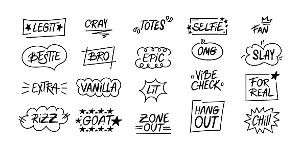 Set of slang words, hand drawn lettering of modern short phrases. Gen Z buzzwords, millenial catchphrases in vector