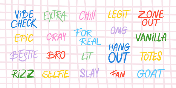 Set of slang words, hand drawn lettering of modern short phrases. Gen Z buzzwords, millenial catchphrases in colorful vector