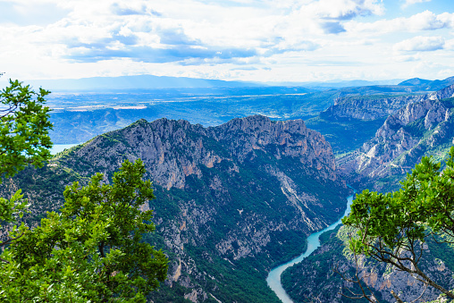 Mountain landscape. Verdon Gorge in in French Alps, Provence France. Regional Natural Park. River grand canyon. Tourists place.