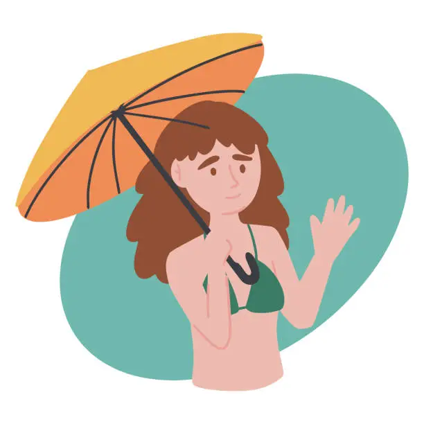 Vector illustration of Woman on the beach under umbrella. Summer. Ocean