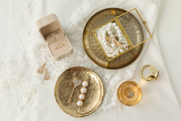 istock Wedding jewelry and lace on white background, top view 2149087506