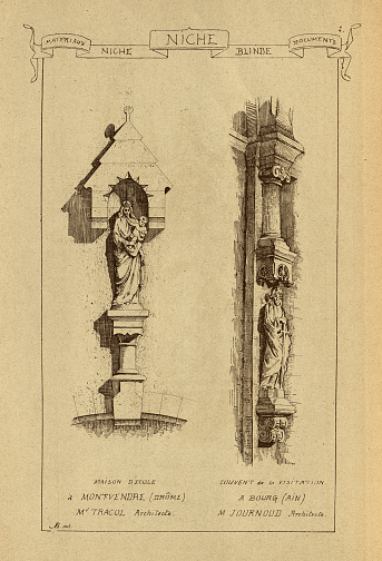 Vintage illustration Architectural niche with statue, Virgin Mary and child, History of architecture, decoration and design, art, French, Victorian, 19th Century