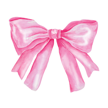 Pink ribbon Bow  illustration. Hand drawn graphic clip art on white isolated background. Watercolor drawing of birthday gift decoration. For the design of greeting cards and invitations