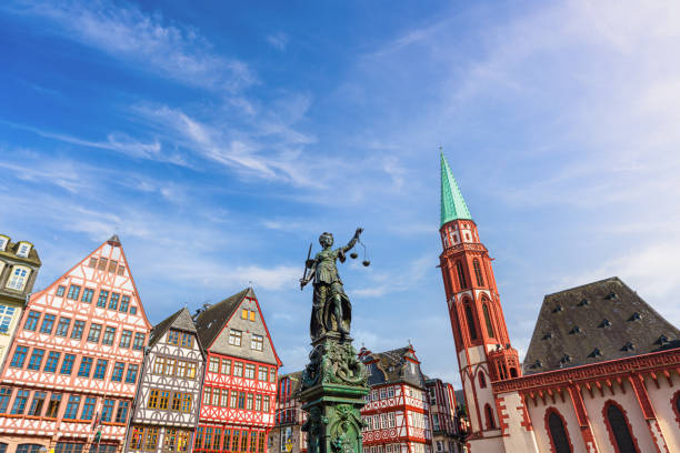 Frankfurt am Main, Germany. July 5, 2023. View of the Gerechtigkeitsbrunnen (Fountain of Justice) located in Römerberg Square