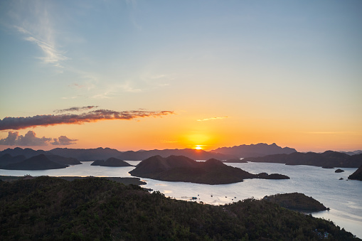 Coron town aerial panoramic view at sunset, Busuanga island in Palawan province in Philippines
