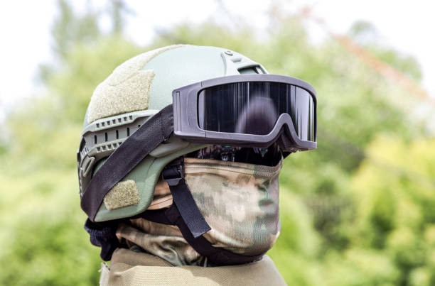 istock Army kevlar helmet to protect the head with protective goggles 2149092517