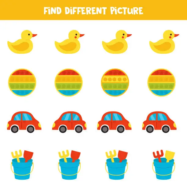 Vector illustration of Find different cartoon cute toy in each row. Logical game for preschool kids.