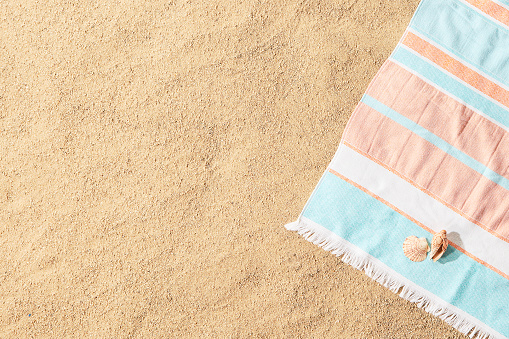 Summer Concept Background Image Sith Sand, Deck, Sunglasses, Sun Lotion, Sea Shells