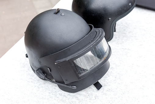 Russian police special  heavy helmet with protective glass close up