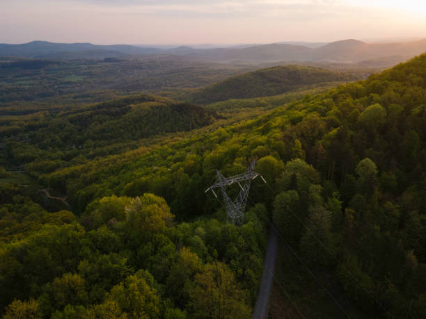 Clean energy future. Aerial view of innovative transmission towers passing through green forests in spring at sunrise. Energy translation services.