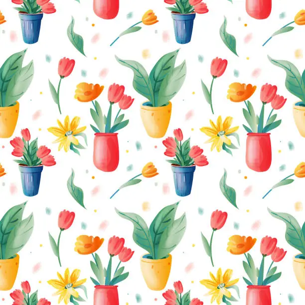 Vector illustration of Floral and plant watercolor seamless  pattern - pink blush flowers tulips, yellow gerberas, green leaves plants in pots on white background, vector illustration. For wrappers, wallpapers, postcards