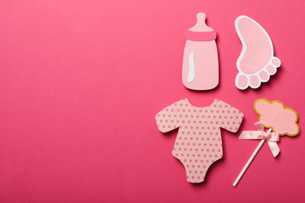 istock Paper baby supplies on pink background, space for text 2149095657