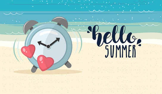 Beach banner with a clock and hello summer text. Vector illustration