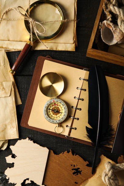 istock Columbus Day. Magnifying glass with compass and map 2149097115
