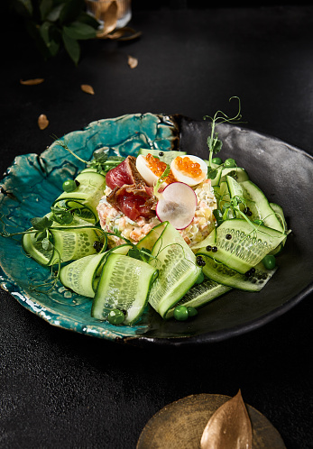 Elegant Gourmet Olivier Salad with Roast Beef and Fresh Cucumber on Sophisticated Dishware.