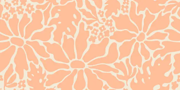Vector illustration of Peach fuzz pattern from pink Matisse flowers. Floral abstract seamless vector background. Retro groovy shape in peach fuzz 2024 palette. Modern cloth print. Simple summer spring wallpaper pattern