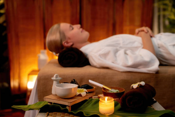 Aromatherapy massage ambiance or spa salon composition setup. Quiescent