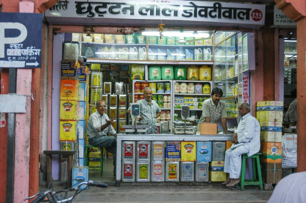 Rajasthan, India - March 02, 2006: Grocery store in Jaipur at dusk
