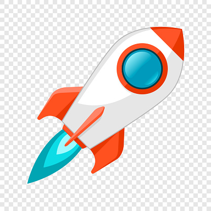 Rocket ship icon in flat style. Spacecraft takeoff on transparent background. Start up illustration. Vector design object for you project