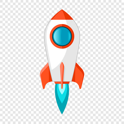 Rocket ship icon in flat style. Spacecraft takeoff on transparent background. Start up illustration. Vector design object for you project